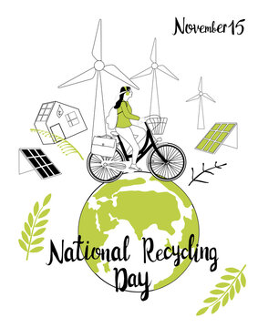 National Recycling day concept.Girl travelling on bicycle around green Earth.Safe our planet,nature and enviroment protection greeting card or design poster.Solar and wind energy in city.Plastic free