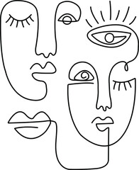 Abstract faces one line drawing