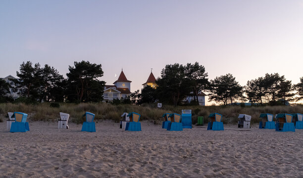 Rows of Strandkorb beach-chairs for hire at the baltic sea in usedom, germany..
