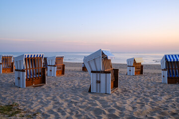 Rows of Strandkorb beach-chairs for hire at the baltic sea in usedom, germany