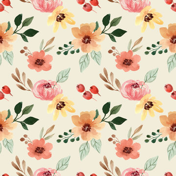Watercolor Seamless Pattern with Yellow and Orange Flower © watercolor