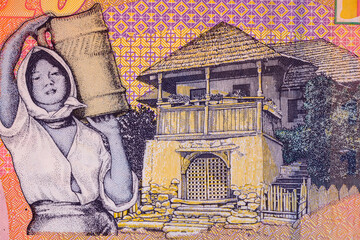 Selective focus on detail of lei banknotes. Close up macro detail of romanian lei banknotes, 10 lei...