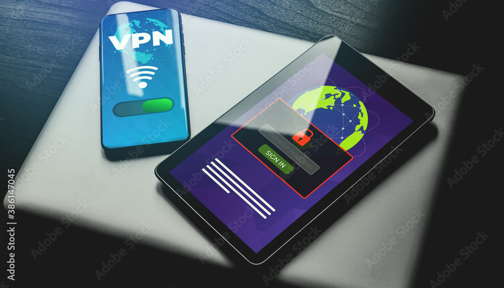 Poster virtual private network (vpn) cyber security and privacy business data encryption concept. smartphon