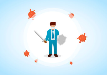 Businessman wearing virus protective medical mask and suit holding sword and shield to protect from COVID-19. Stop coronavirus spreading. Vector illustration.