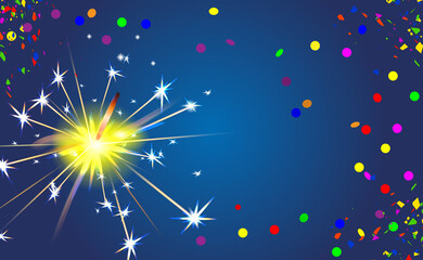 Happy New Year and Christmas blue background with bengal fire and festive confetti. Sparkler light effect. Party firework magic. Winter Xmas carnival. Vector illustration.