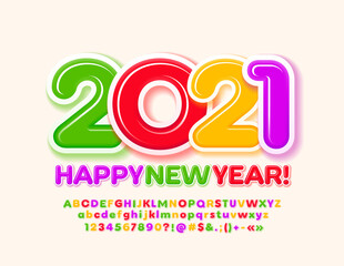 Vector greeting card Happy New Year 2021! Kids creative Font. Colorful Alphabet Letters and Numbers set for Children