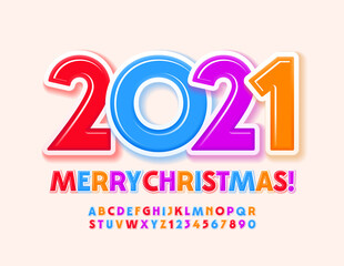 Vector greeting card Merry Christmas 2021! Modern bright Font. Colorful Alphabet Letters and Numbers