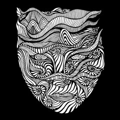 Black and white psychedelic surreal anthropomorphic face with patterns in the form of ammonites, and line pattern Coloring page.