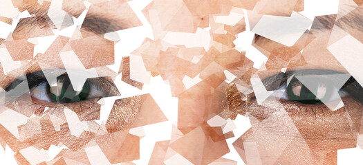 abstract eyes closeup dispersion effect on white background b&w.
