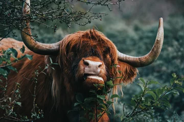 Papier Peint photo Highlander écossais scottish highland eating cow with horns close up