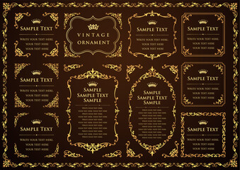 vintage ornament set. borders and frames. black background.