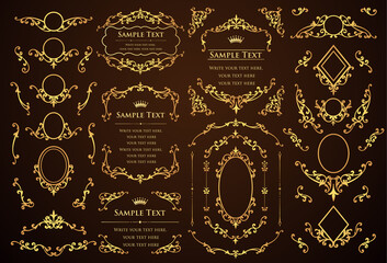 vintage ornament set. borders and frames. black background.