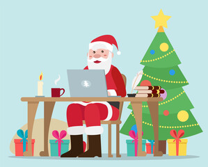 Smiling Santa sitting in his office and working on laptop - flat design vector illustration