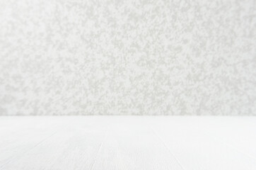 White interior with perspective - wood plank board with blank white and grey  mess plaster wall, template for design and showing.
