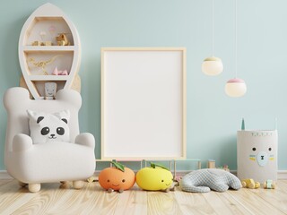 Mock up poster frame in children room,kids room,nursery mockup,blue wall.