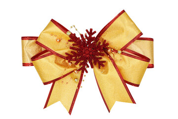 Shiny elegant golden and red decorative bow for gift , greeting , holiday presents isolated on white background