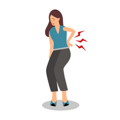 Low back pain concept vector illustration on white background. Young woman suffering from backache. Office syndrome.