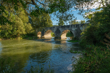 Fototapeta na wymiar Historische Steinbrücke über die Altmühl bei Pfünz, Blick zwischen Äste und Zweige am Ufer