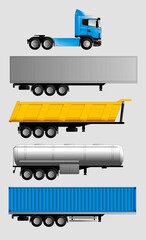 Variants of semi-trailers for a truck for the delivery of various goods. Freight transport, tank, van, container, dump truck. Vector isolated on a separate layer.