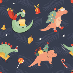 Holiday seamless pattern with cute dinos and decorative elements. Christmas design for clothing, decorations