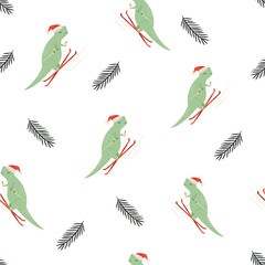 Holiday seamless pattern with cute dinos in santa hats going ski. Funny vector illustration