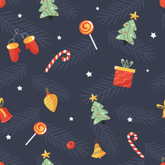 Holiday seamless pattern with Christmas toys and decorative elements, symbols. Vector illustration