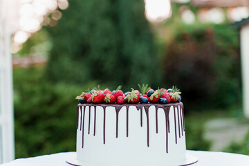 Wedding cake with strawberries and blueberries on top on the green background. White tasty cake for ceremony. Advert for cooks