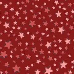3D seamless pattern with volumetric red stars on a red background. Abstract stars background. Vector illustration