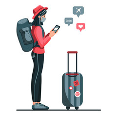 vector illustration, girl wearing hat and medical mask, waiting for flight with luggage, checking social networks, safe travel, coronavirus
