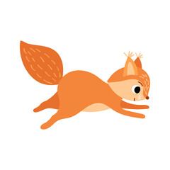 Cute cartoon running squirrel. Side view. Funny woodland character isolated on white background. Vector illustration.