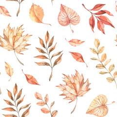 Hand drawn watercolor seamless pattern of fall leaves orange, red and green color . Forest background. Hello Autumn Perfect for seasonal advertisement, invitations, fabric, wrapping paper