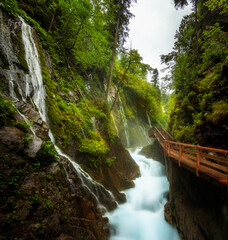 The Wimmbach gorge in Bavaria Germany. cliff canion with river and many waterfalls in the forest