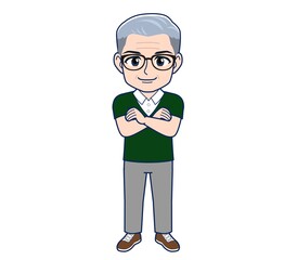 White-haired man in green short sleeves