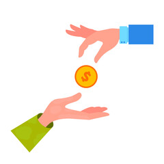 A hand in a suit gives alms to a hand in poor clothes. Concept: help, volunteering, need. Vector illustration, flat cartoon color design, isolated on white background, eps 10.