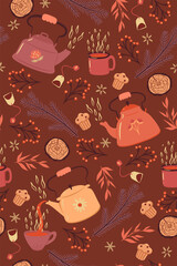 Winter tea seamless pattern with teapots and mugs. Vector graphics