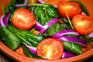 Tomato, basil and onion salad in olive oil