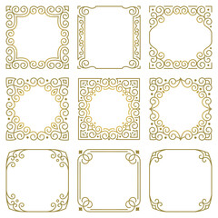 Set of vector square gold frames with modern linear oriental ornaments
