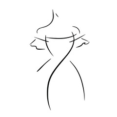 Female silhouette in a dress. Fashion and beauty. Abstract minimalistic sketch in black lines. Great for postcards, textiles, logo, badge, avatar. - 386157444