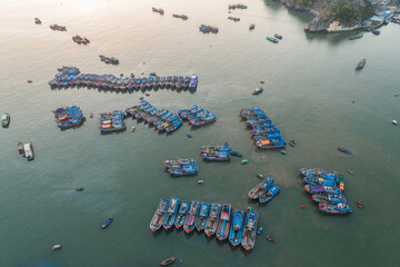 Fishing boats  in Cat Ba Island, Vietnam, Ha Long Bay descending dragon bay Asia Aerial Drone Photo