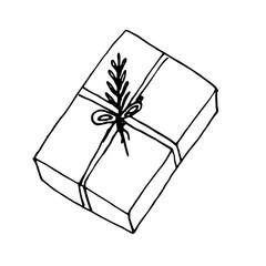 Gift box for a present tied with a ribbon. Black lines on a white background. Hand drawing. Vector.
