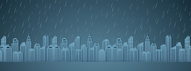 Cityscape with rain, dark sky, rainy season, paper art style