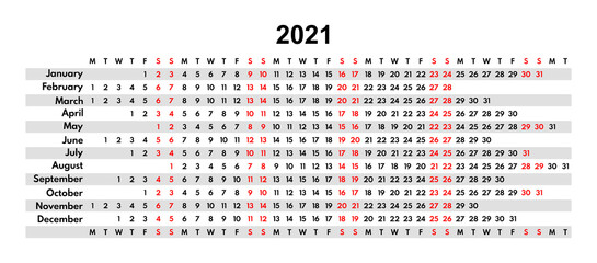 calendar 2021 minimalistic full year grid, each month in line, two weekend days