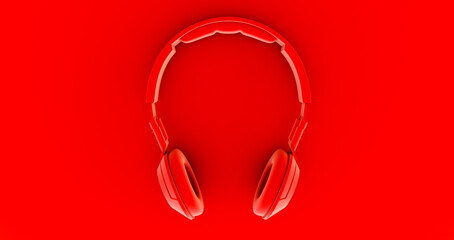 red headphone  on red background. music. 3d render