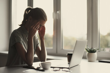 Stressed businesswoman in the office - Tired woman working at home - Business, stress, people,...