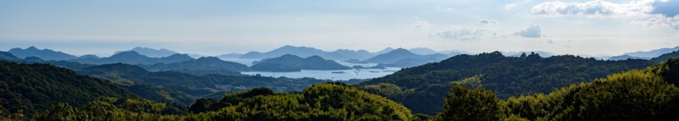 Fototapeta na wymiar Panorama view of the Seto Inland Sea as seen from mountain in Fukuyama city