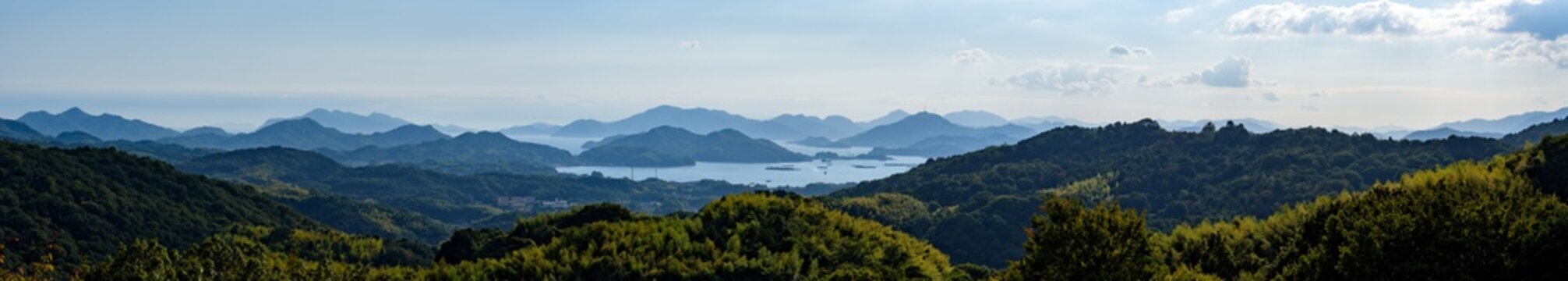 Panorama view of the Seto Inland Sea as seen from mountain in Fukuyama city