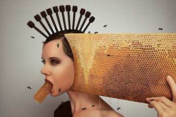 Portrait of a young woman wearing a mohawk of honey dippers and holding honeycombs, with black bees