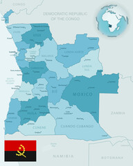 Blue-green detailed map of Angola administrative divisions with country flag and location on the globe.