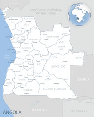 Blue-gray detailed map of Angola administrative divisions and location on the globe.