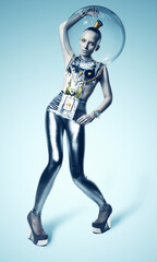 bizarre alien woman in silver suit and helmet